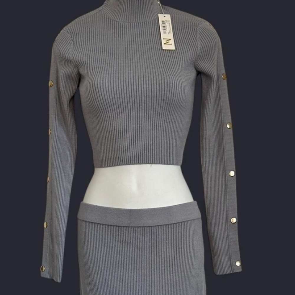 Meshki Blue Gray Ribbed Top with Gold Detail